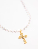 Gold Plated Pearl Baroque Cross Necklace