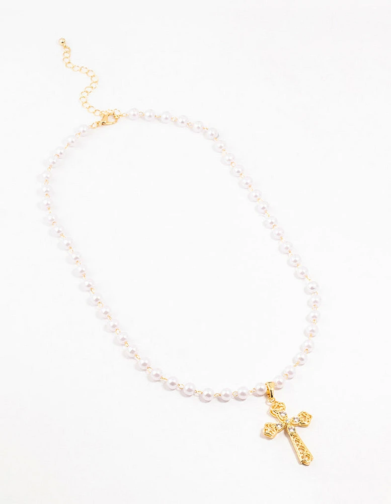 Gold Plated Pearl Baroque Cross Necklace