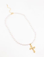 Gold Plated Pearl Baroque Cross Necklace