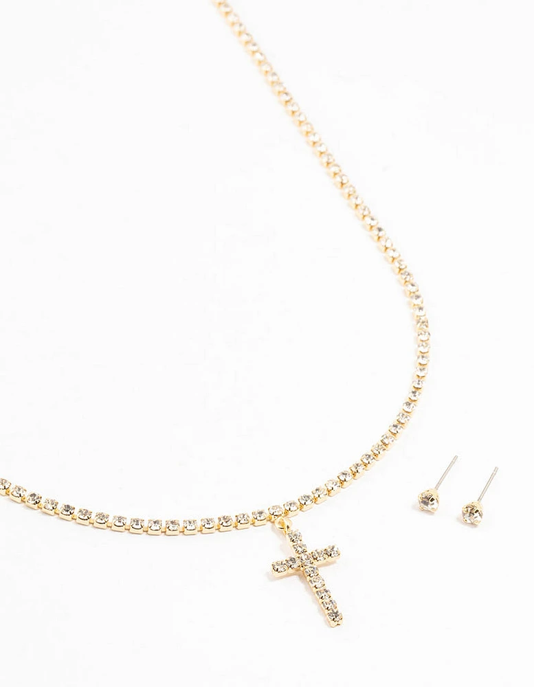 Gold Plated Tennis Cross Necklace & Stud Earrings Set