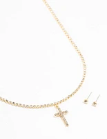 Gold Plated Tennis Cross Necklace & Stud Earrings Set