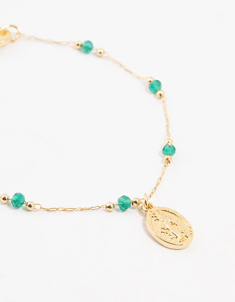 Gold Plated Green Beaded Mary Bracelet