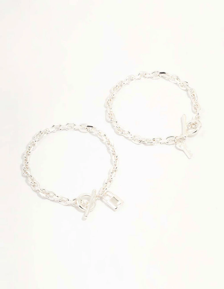 Silver Chunky Lock & Key Bracelets 2-Pack