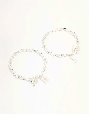 Silver Chunky Lock & Key Bracelets 2-Pack