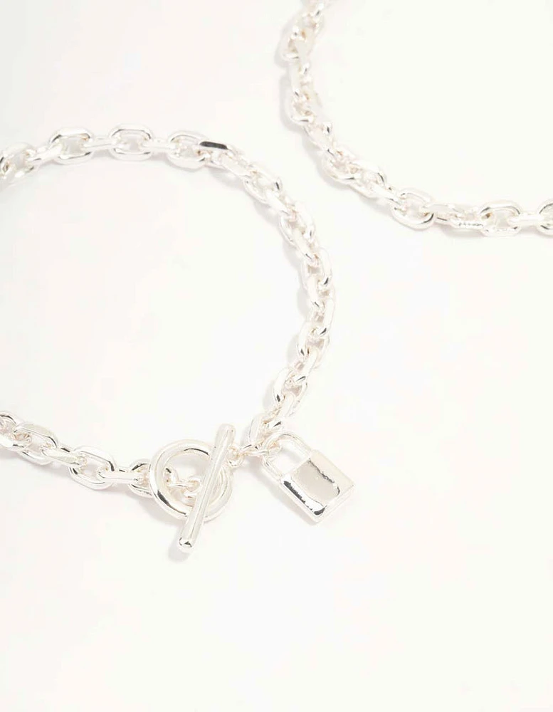 Silver Chunky Lock & Key Bracelets 2-Pack