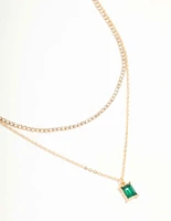 Gold Diamante & Baguette Cut Green Diamante Layered Necklace