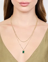 Gold Diamante & Baguette Cut Green Diamante Layered Necklace