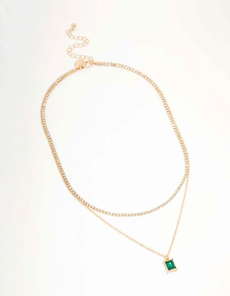 Gold Diamante & Baguette Cut Green Diamante Layered Necklace