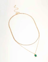 Gold Diamante & Baguette Cut Green Diamante Layered Necklace