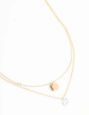 Gold Disc & Diamante Heart Layered Necklace