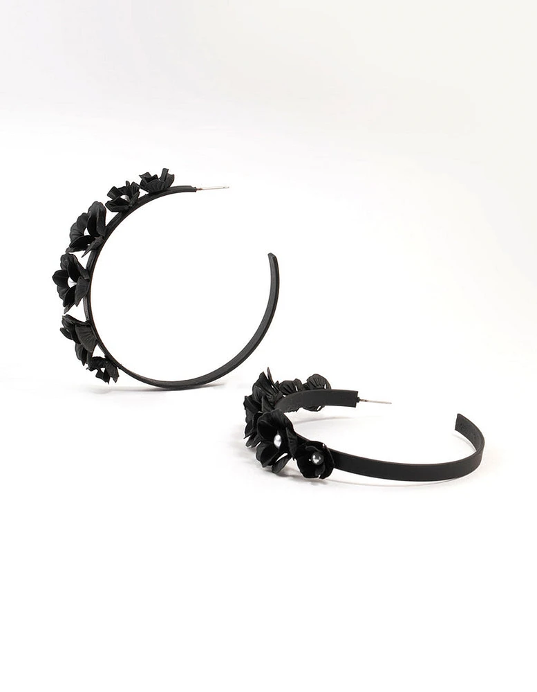 Black  Floral Pearl Hoop Earrings