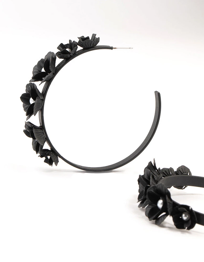 Black  Floral Pearl Hoop Earrings