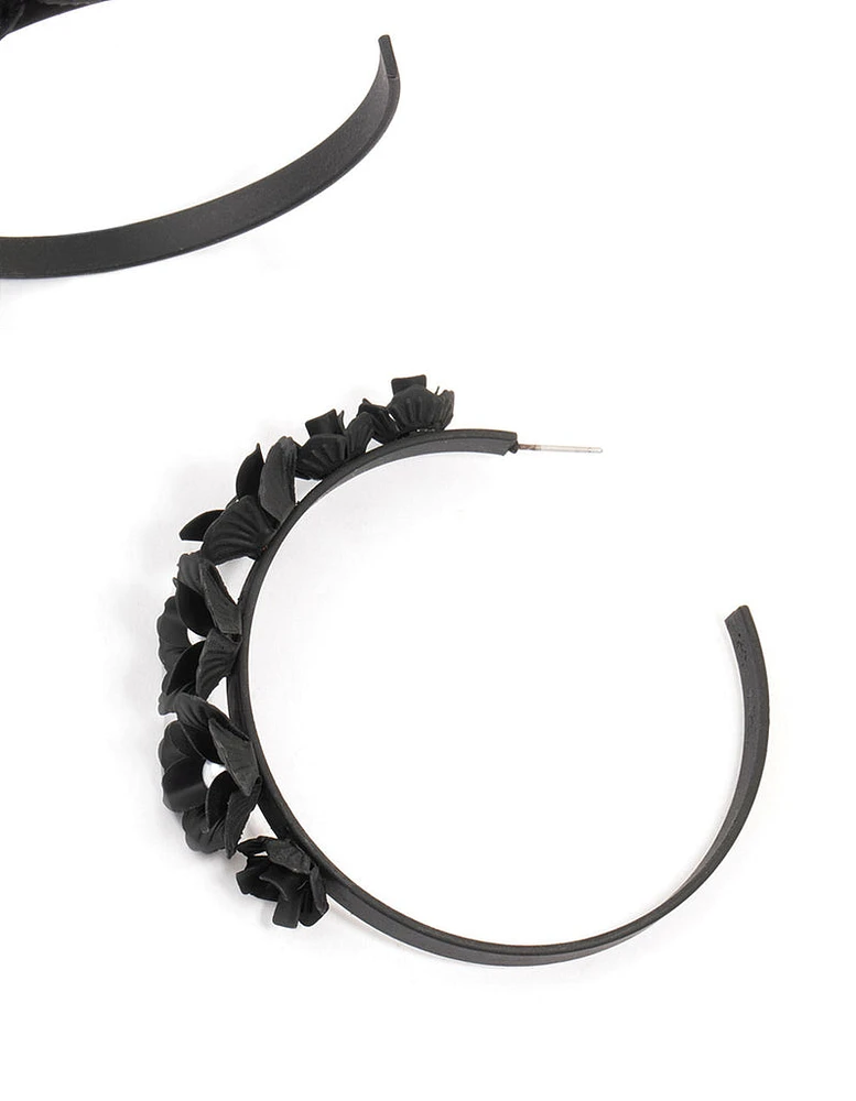 Black  Floral Pearl Hoop Earrings