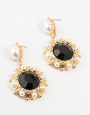 Gold & Black Pearl Stone Antique Drop Earrings