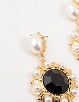 Gold & Black Pearl Stone Antique Drop Earrings