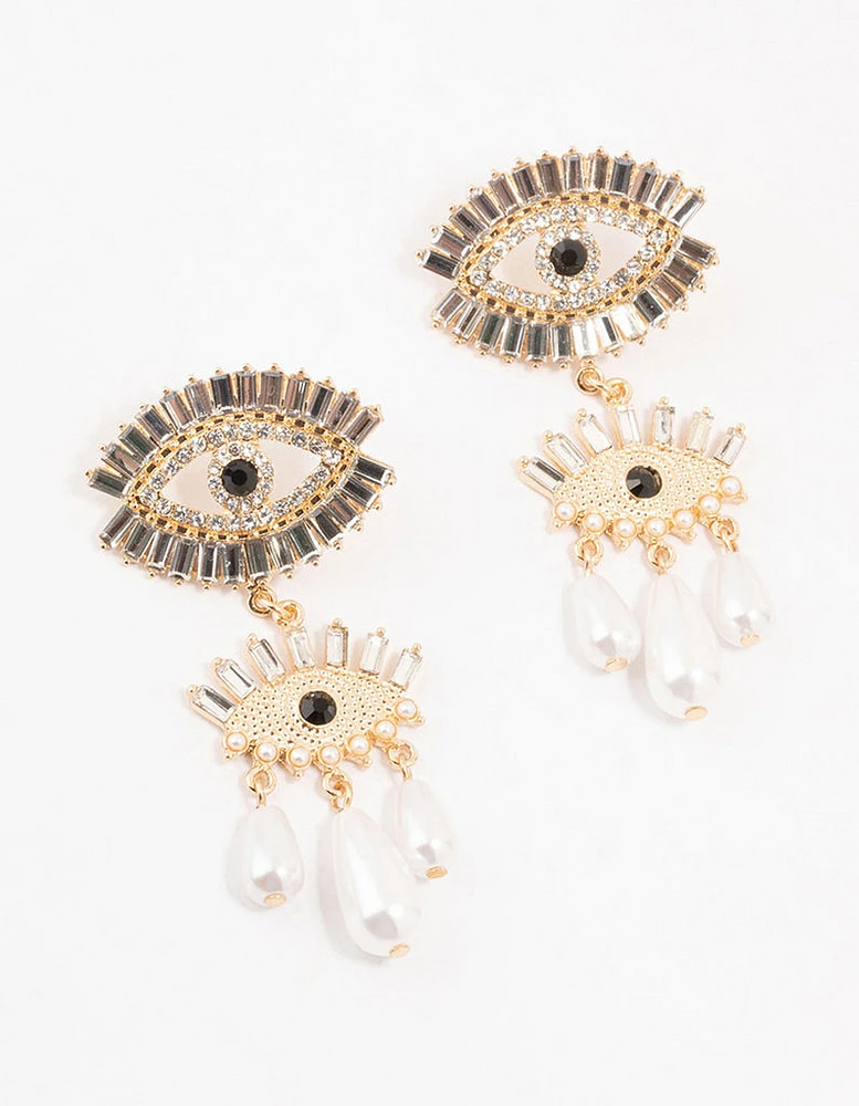 Gold & Black Pearl Evil Eye Drop Earrings