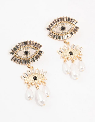 Gold & Black Pearl Evil Eye Drop Earrings