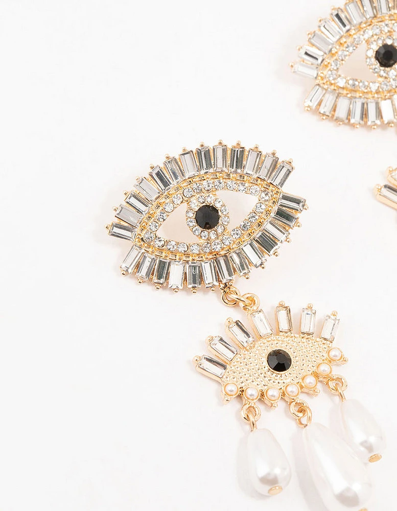 Gold & Black Pearl Evil Eye Drop Earrings