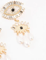 Gold & Black Pearl Evil Eye Drop Earrings