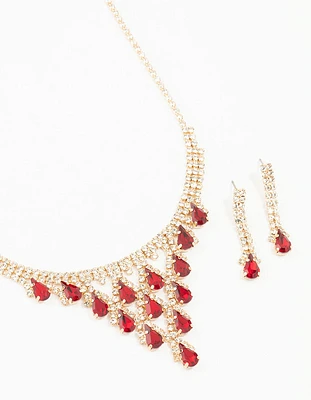 Gold Diamante Teardrop Cascading Necklace & Earring Set