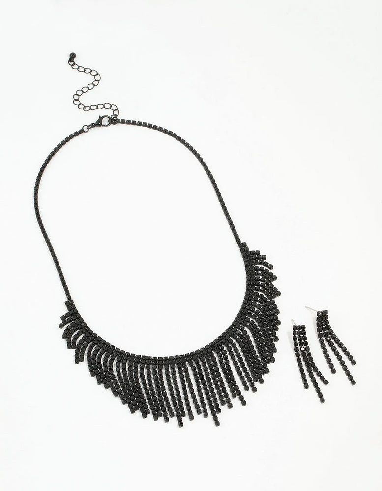 Coated Diamante Tassel Earrings & Necklace Set