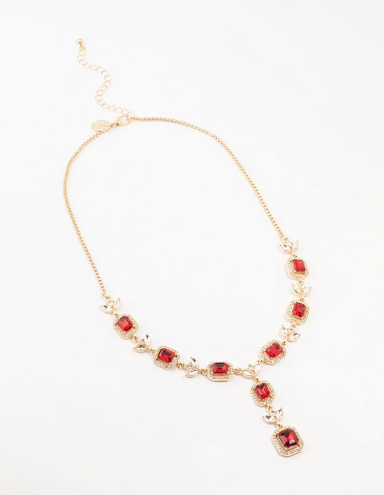 Gold Halo Red Diamante Y-Necklace