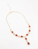 Gold Halo Red Diamante Y-Necklace