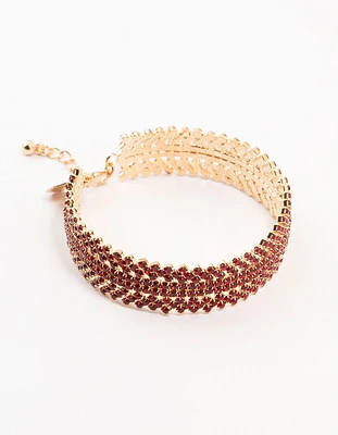 Gold & Red  Spikey 4 Row Diamante Wrist Cuff