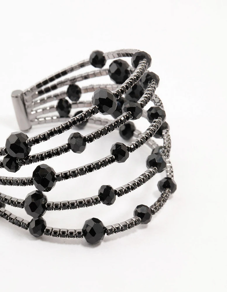 Black Coated Layered Beaded Wire Wrist Cuff