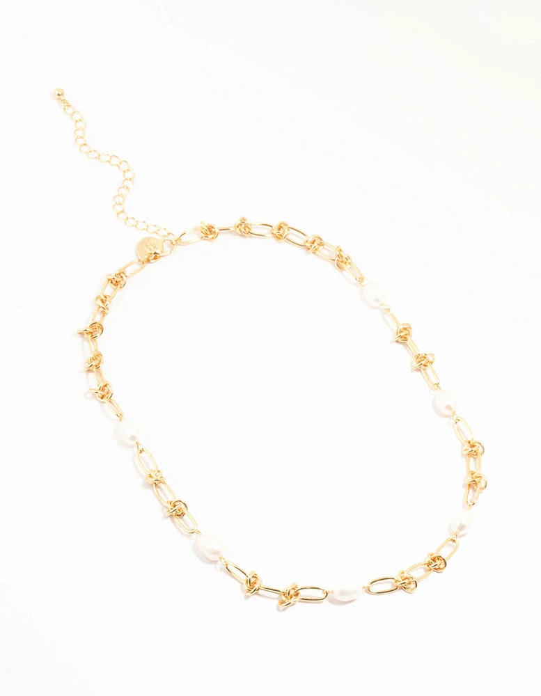 Gold Plated Freshwater Pearl & Knotted Necklace