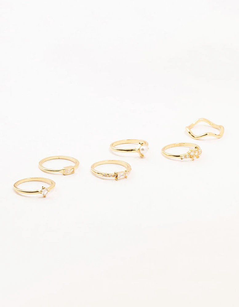 Gold Plated Pearl Cluster Baguette Rings 6-Pack