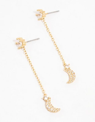 Gold Plated Star & Moon Cubic Zirconia Drop Earrings