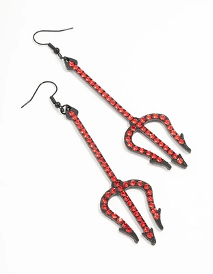 Red Diamante Pitchfork Drop Earrings