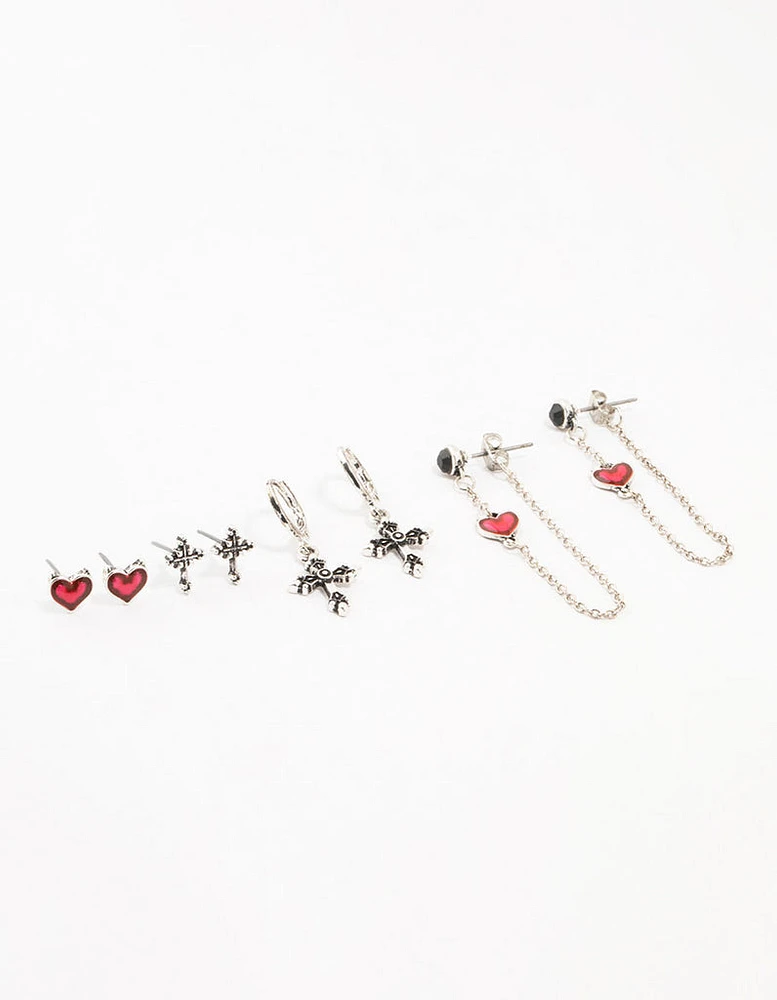 Antique Silver Cross & Heart Earrings 4-Pack