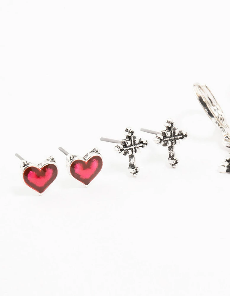 Antique Silver Cross & Heart Earrings 4-Pack