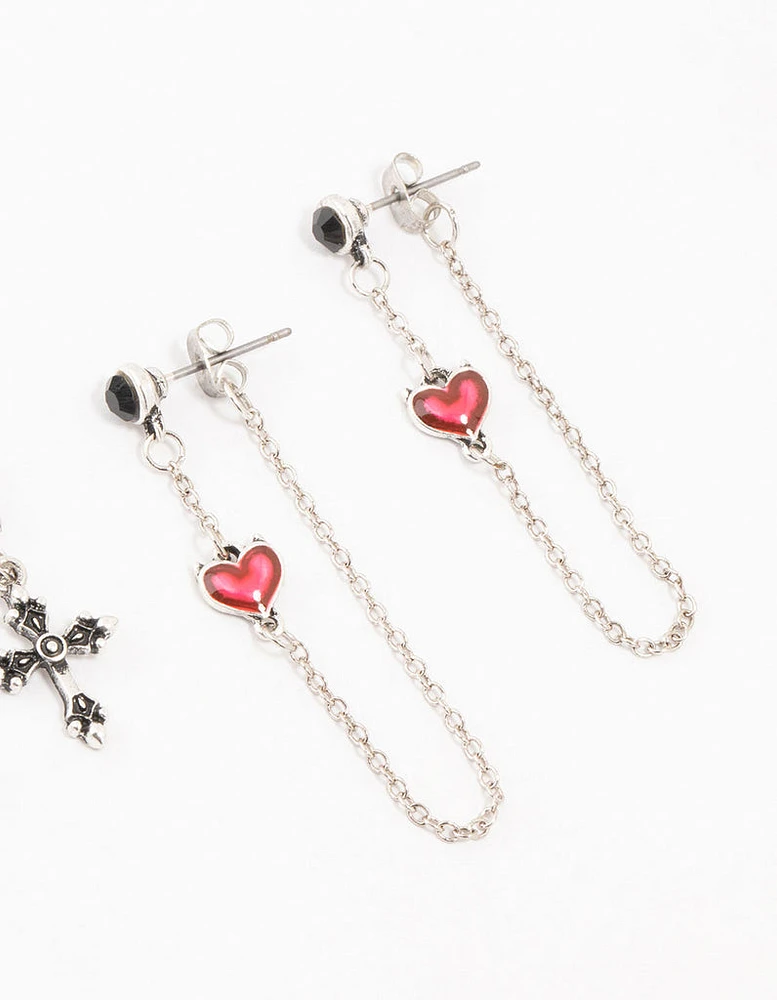 Antique Silver Cross & Heart Earrings 4-Pack