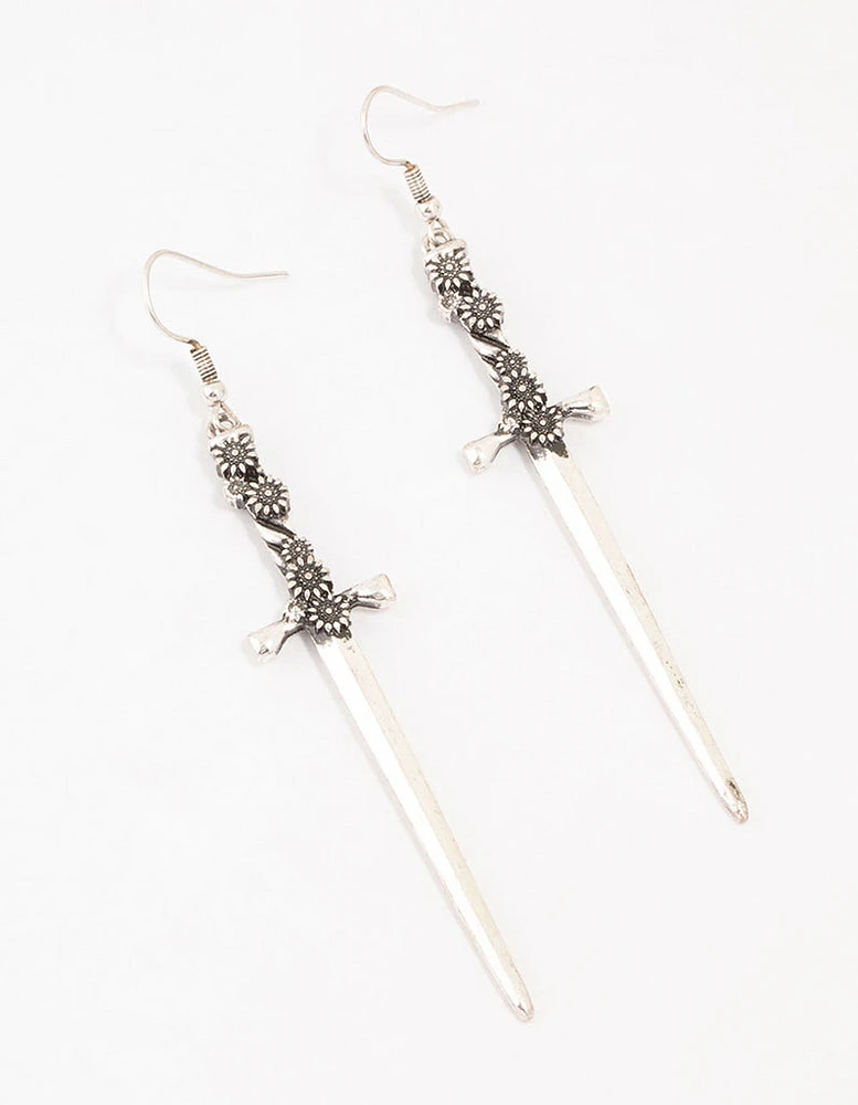 Antique Silver Floral Sword Drop Earrings
