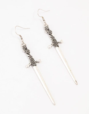 Antique Silver Floral Sword Drop Earrings