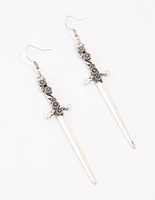 Antique Silver Floral Sword Drop Earrings