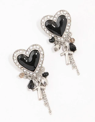 Black Heart Chain Rhodium Drop Earrings