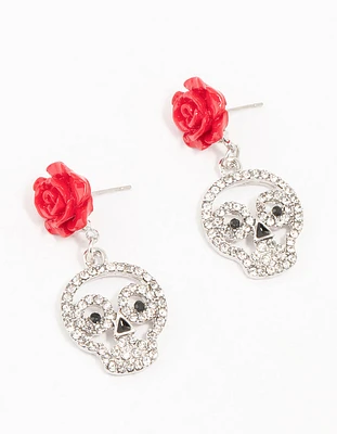 Red Floral Skull Rhodium Drop Earrings