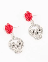 Red Floral Skull Rhodium Drop Earrings