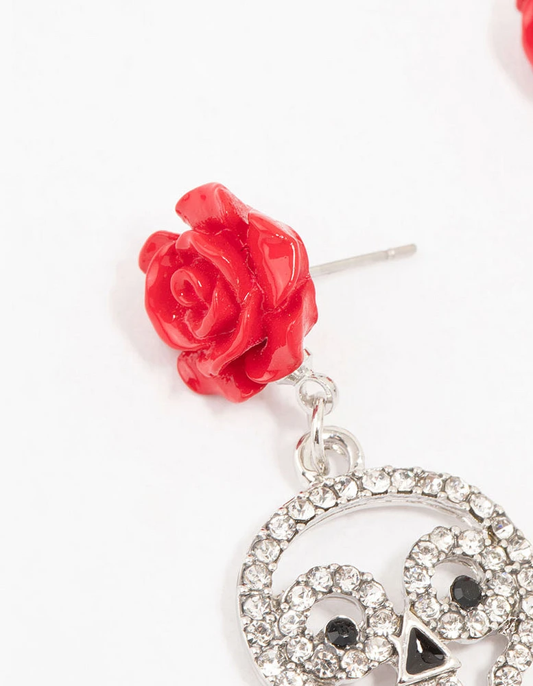 Red Floral Skull Rhodium Drop Earrings