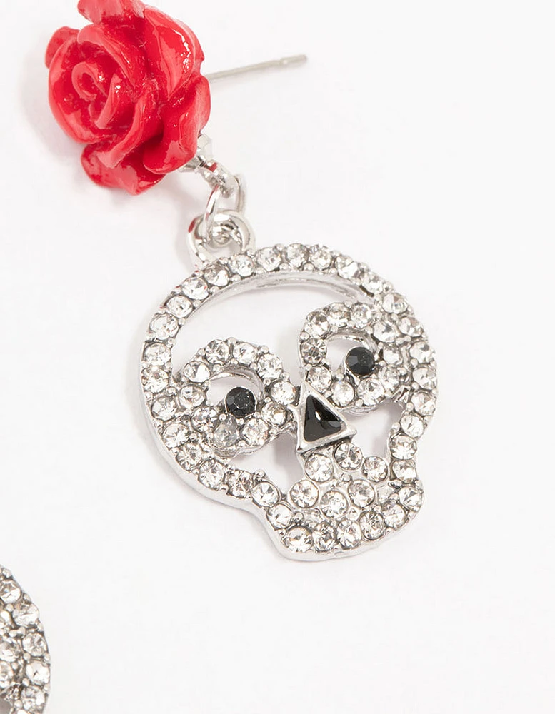 Red Floral Skull Rhodium Drop Earrings