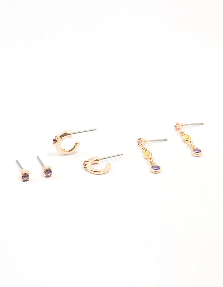 Gold Mixed Round & Marquise Purple Diamante Crystal Earrings 3-Pack