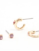 Gold Mixed Round & Marquise Purple Diamante Crystal Earrings 3-Pack