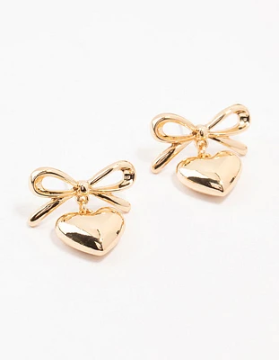 Gold Bow & Puffy Heart Drop Earrings