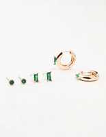 Gold Baguette Green Marquise Huggie Earrings 3-Pack