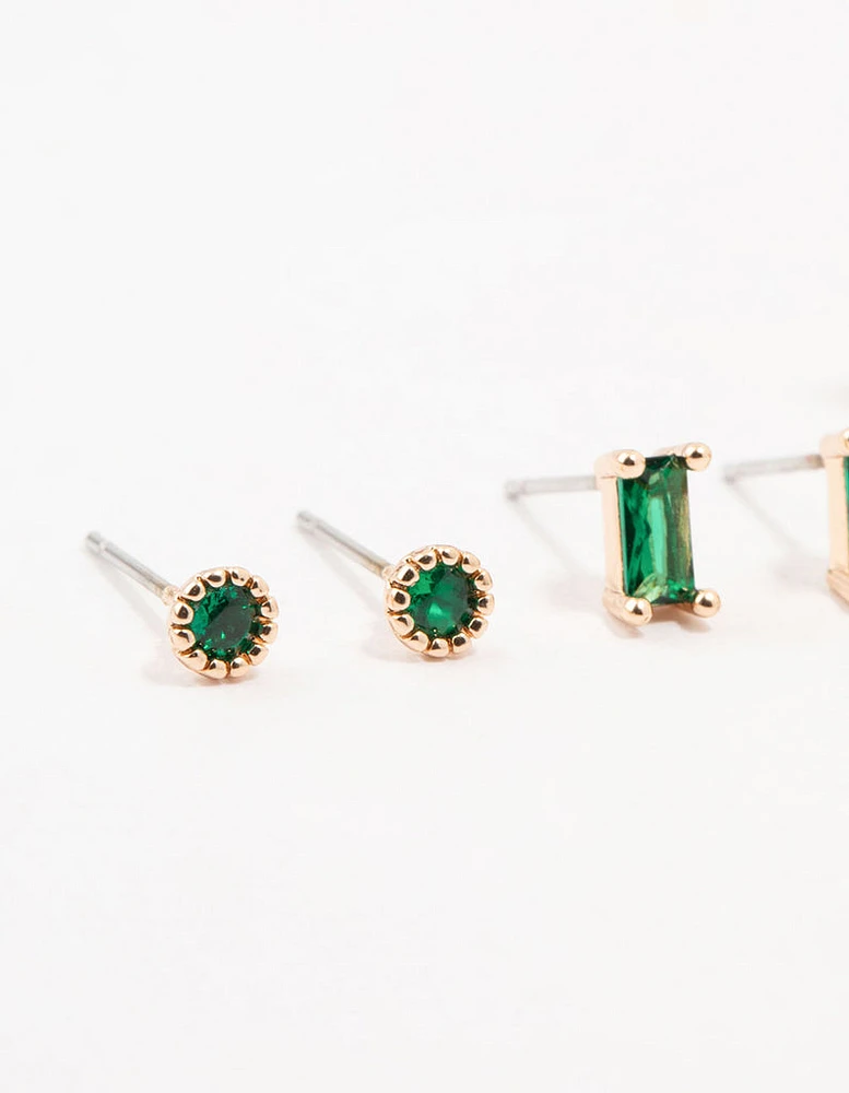 Gold Baguette Green Marquise Huggie Earrings 3-Pack