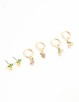 Gold Mixed Fruit Studs & Huggie Earrings 3-Pack